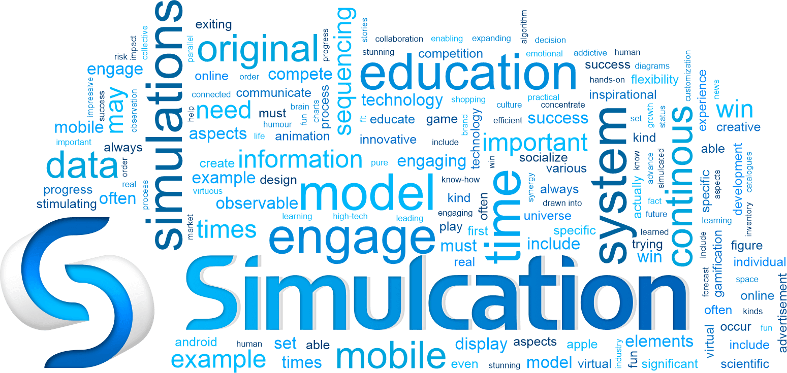 Simulcation word cloud showing data-center learning and business-system concepts